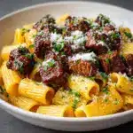 Cajun Steak Tips in Cheesy Rigatoni Parmesan Sauce Recipe