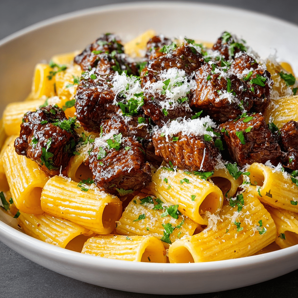 Cajun Steak Tips in Cheesy Rigatoni Parmesan Sauce Recipe - Recipe Image