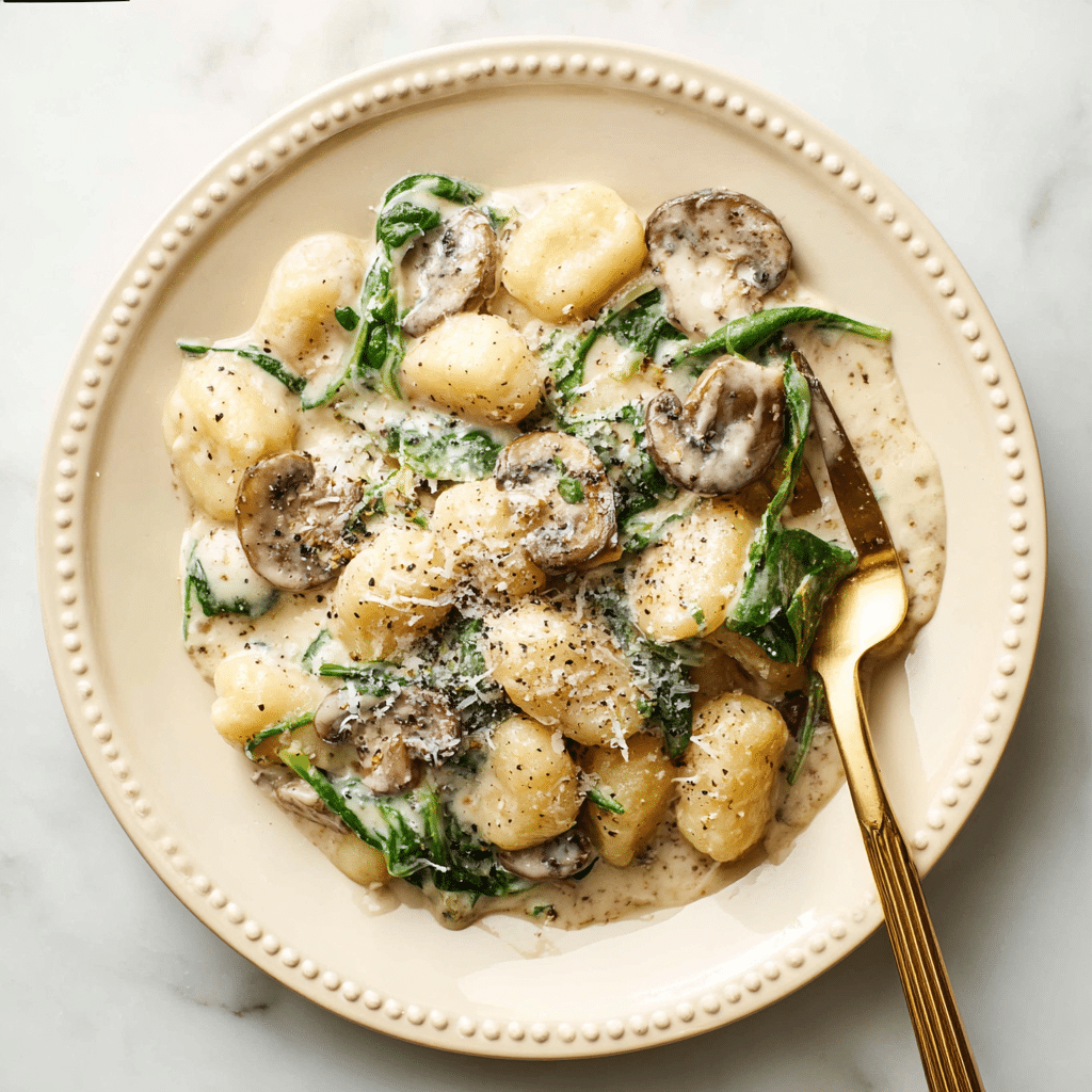 Creamy Mushroom and Spinach Gnocchi Recipe - Recipe Image