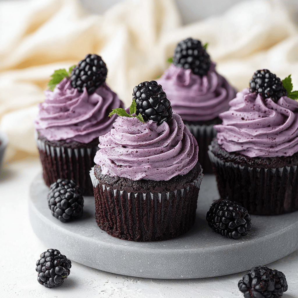 Chocolate Cupcakes with Blackberry Buttercream Recipe - Recipe Image