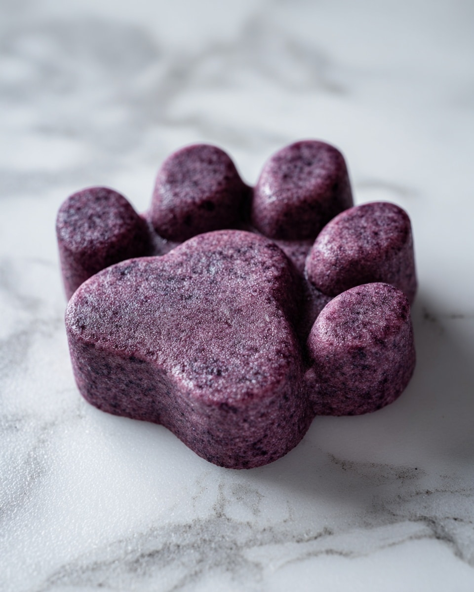 A small, solid treat shaped like a paw print with four rounded toe pads and a heart-shaped pad in the center, all raised clearly from the base. The color is a deep purple-red, with a slightly icy or frosty texture making it look cool and fresh. The surface it rests on is a white marbled texture, emphasizing the rich color of the paw-shaped item. Photo taken with an iphone --ar 4:5 --v 7
