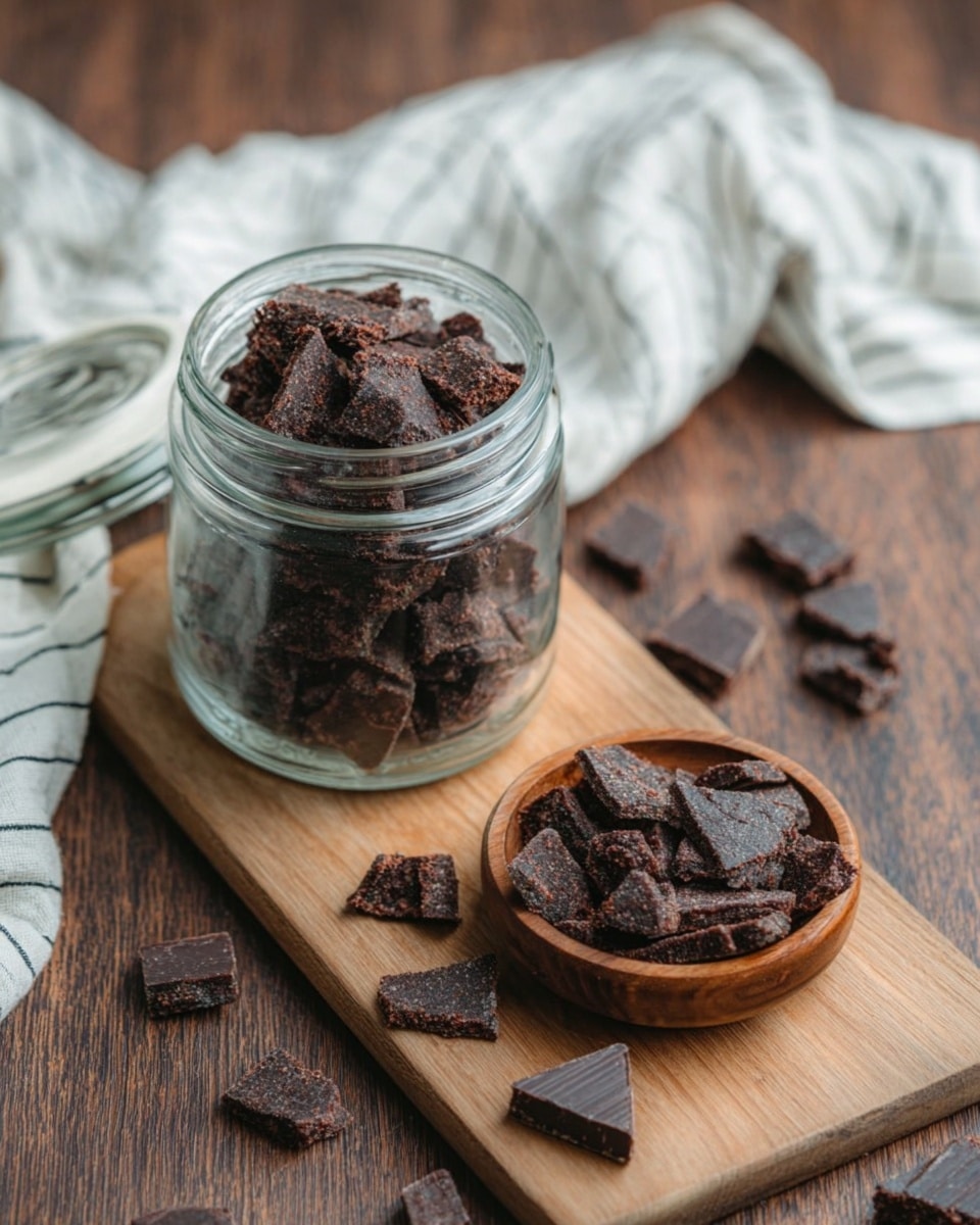 The image shows a clear glass jar filled with dark brown, irregularly shaped crunchy pieces that look like chocolate or dried food, placed on a wooden board. Next to the jar, there is a small round wooden bowl also filled with the same dark pieces, and some pieces are scattered on the wooden board and table around them. In the background, a white cloth with light stripes and a dark wooden table create a cozy setting. Photo taken with an iphone --ar 4:5 --v 7