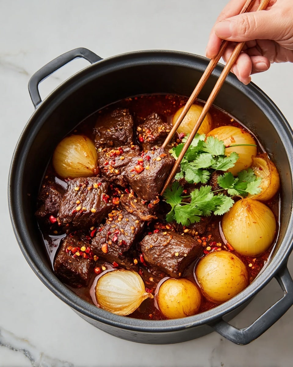 A close-up view of a large black pot filled with rich, dark brown beef chunks cooked in a deep reddish-brown sauce, mixed with golden-brown caramelized onion halves and wedges. Red chili flakes are sprinkled on the meat and sauce, with some fresh green cilantro leaves on top adding a touch of bright color. A woman's hand is holding wooden chopsticks above the pot, lifting one of the beef pieces coated in the thick sauce. The pot sits on a white marbled surface. photo taken with an iphone --ar 4:5 --v 7