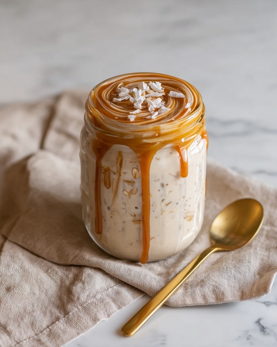 The image shows a clear glass jar filled with a creamy mixture that appears to have visible oat pieces throughout. The top layer is smooth and light beige, swirled with a rich caramel sauce that drips slightly down the jar's side. The caramel swirl is topped with small clusters of white flakes. The jar sits on a soft beige cloth, which rests on a white marbled surface. Next to the jar is a shiny gold spoon. photo taken with an iphone --ar 4:5 --v 7