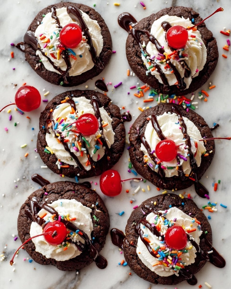 Six round dark brown chocolate cookies are arranged on a white marbled surface. Each cookie has a middle layer of white whipped cream with a soft texture, topped with a bright red cherry with a stem. Rainbow-colored sprinkles with colors like orange, green, blue, and purple are scattered on the whipped cream and around the cookies. Dark chocolate sauce is drizzled over each cookie in thin lines, adding a glossy finish. One cherry lies separately beside the cookies. photo taken with an iphone --ar 4:5 --v 7