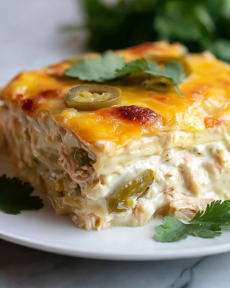 A close-up view of a thick slice of creamy layered casserole on a white plate with a white marbled texture background. The dish has multiple visible layers: the bottom layer is a soft, pale creamy base mixed with pieces of green olives, followed by a thick, smooth, cheesy middle layer that looks rich and soft, topped with a golden, melted cheese crust that is slightly browned. On top, there are fresh green parsley leaves adding a pop of color. The textures range from creamy and smooth to slightly crispy on the top. Photo taken with an iphone --ar 4:5 --v 7