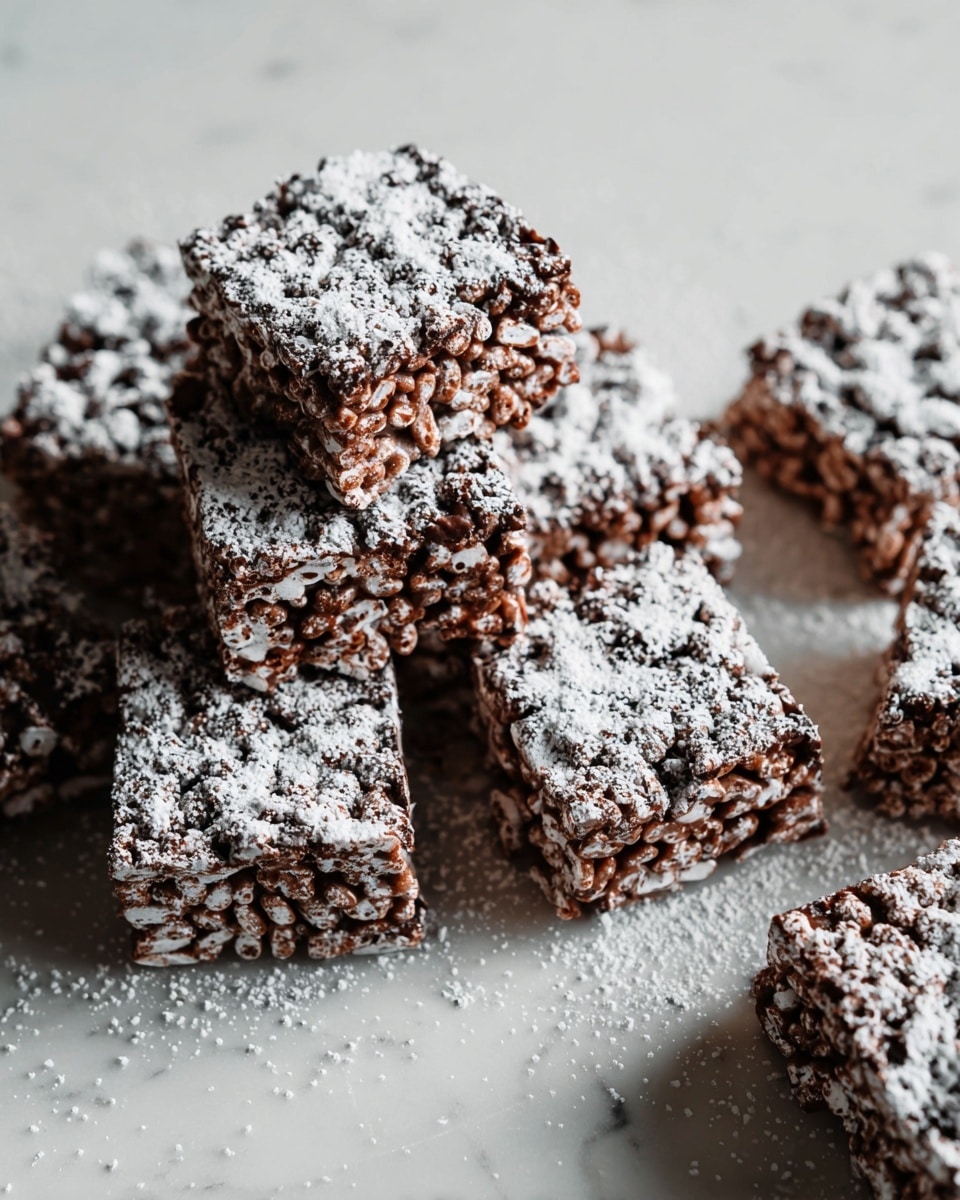 The image shows multiple square treats made of puffed rice cereal mixed with chocolate, stacked with a height of about one thick layer each. The squares have an uneven bumpy texture visible from the puffed rice and chocolate coating. Each piece is dusted lightly with white powdered sugar on top, creating a speckled white layer over the dark brown chocolate layer below. The squares are placed scattered on a white marbled surface that has a smooth but subtly patterned look. Photo taken with an iphone --ar 4:5 --v 7