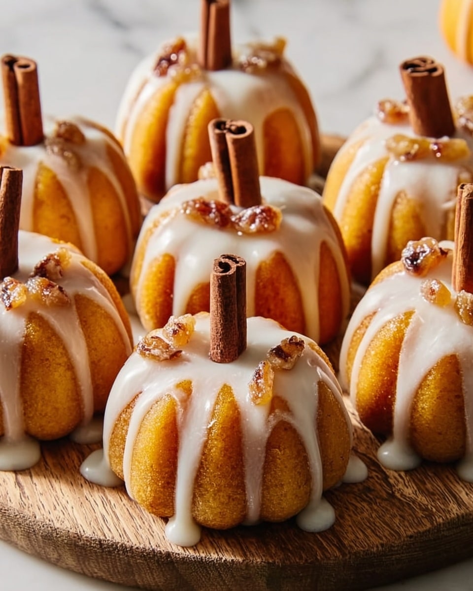 A close-up view of six small pumpkin-shaped cakes arranged on a wooden board, each cake has a smooth, golden-orange surface with curved grooves to resemble a pumpkin. White icing is drizzled over the top, flowing down the sides in thick lines. Pieces of nuts or candied fruit are scattered on the icing near the center. A cinnamon stick stands upright in the middle of each cake, giving the look of a pumpkin stem. The cakes sit on a white marbled surface with soft, natural light highlighting their textures and colors. photo taken with an iphone --ar 4:5 --v 7