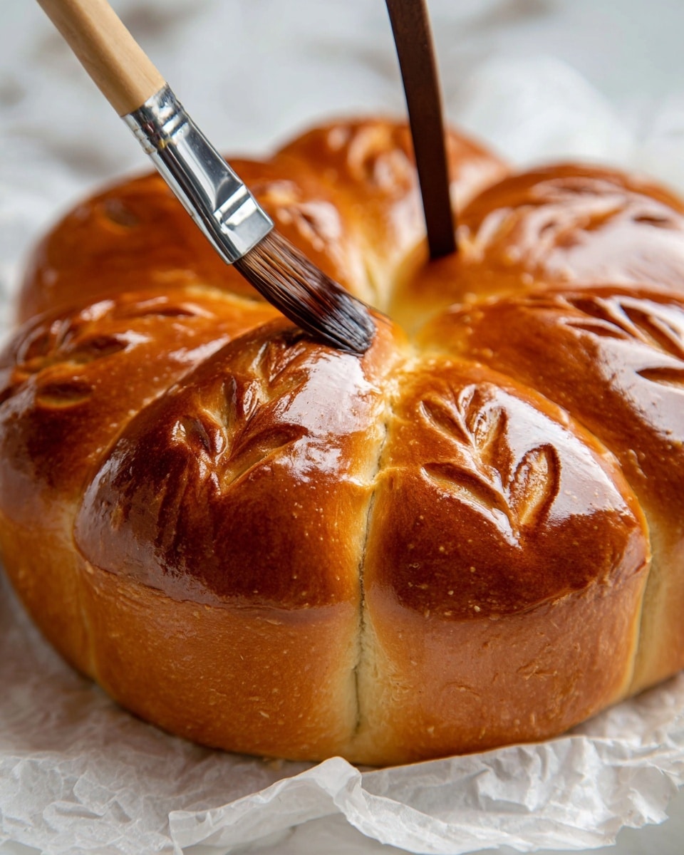 A shiny, golden brown round bread shaped like a flower with eight thick petals, each petal featuring small carved leaf patterns on its surface. The bread has a glossy finish, with a brush applying a glaze on one petal, showing a woman's hand holding the brush. A dark brown small stick is placed upright in the center, resembling a stem, all set on crumpled white paper resting on a white marbled surface. photo taken with an iphone --ar 4:5 --v 7