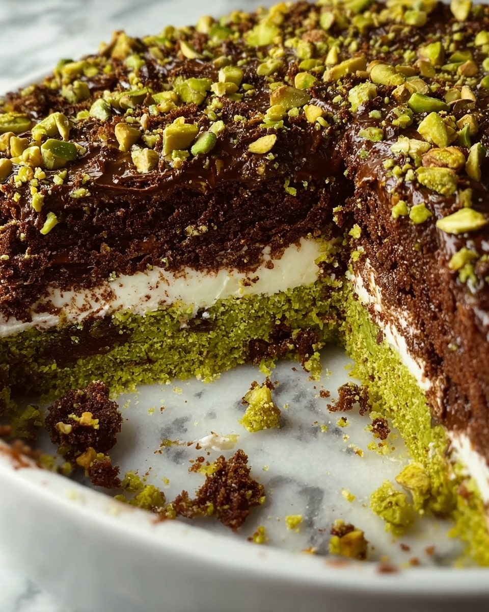 A close-up of a multi-layered cake in a round white dish set on a white marbled surface, showing three distinct layers: a dark brown, crumbly chocolate layer on top covered with chopped green pistachio nuts, a thin white cream layer underneath, and a bright green pistachio base layer at the bottom; crumbs and nut bits are scattered around inside the dish, with a large slice removed to reveal the texture and colors of the cake. photo taken with an iphone --ar 4:5 --v 7