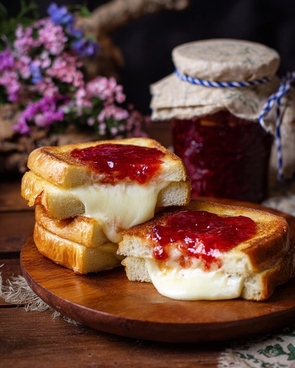 The image shows two thick slices of golden brown toasted bread stacked on a round wooden plate, both topped with a creamy white melted cheese layer and bright red strawberry jam spread unevenly on top. One slice is cut in half to show the soft, fluffy inside and gooey melted cheese inside the bread. The plate is set on a wooden surface with a dark blurred background, where a jar of red jam covered with a beige cloth tied with blue and beige string is visible. Small purple and pink flowers add a soft touch to the scene. Photo taken with an iphone --ar 4:5 --v 7
