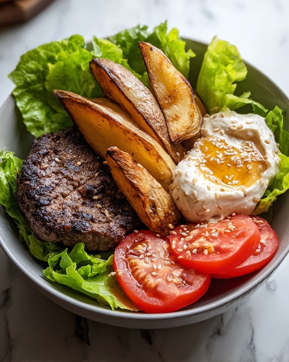 A white bowl filled with four grilled brown hamburger patties with a slightly charred texture on one side, placed over a base layer of fresh green lettuce leaves. On one side, there are golden-brown caramelized onion strips with a glossy appearance. Next to the onions, bright red chopped tomato pieces with a juicy texture are arranged. In the center, a dollop of creamy, light orange sauce with black pepper specks is placed on top of the lettuce and close to the patties. The bowl is shown on a white marbled surface with some green lettuce leaves visible in the background. Photo taken with an iphone --ar 4:5 --v 7