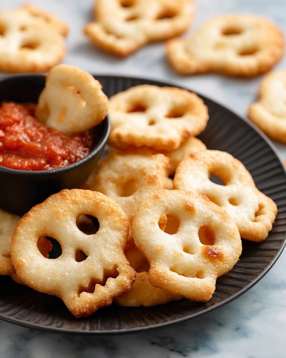 A close-up view of a dark ridged plate filled with golden brown skull-shaped crackers, each cracker having two large circular holes for eyes and a jagged edge at the bottom representing teeth. The crackers show a crunchy texture with slight unevenness and some darker baked spots. Behind the plate, there is a black bowl containing a chunky red tomato dip, with one cracker partially dipped inside it. The setting is on a white marbled surface giving a clean and bright background with more crackers blurred in the background. photo taken with an iphone --ar 4:5 --v 7