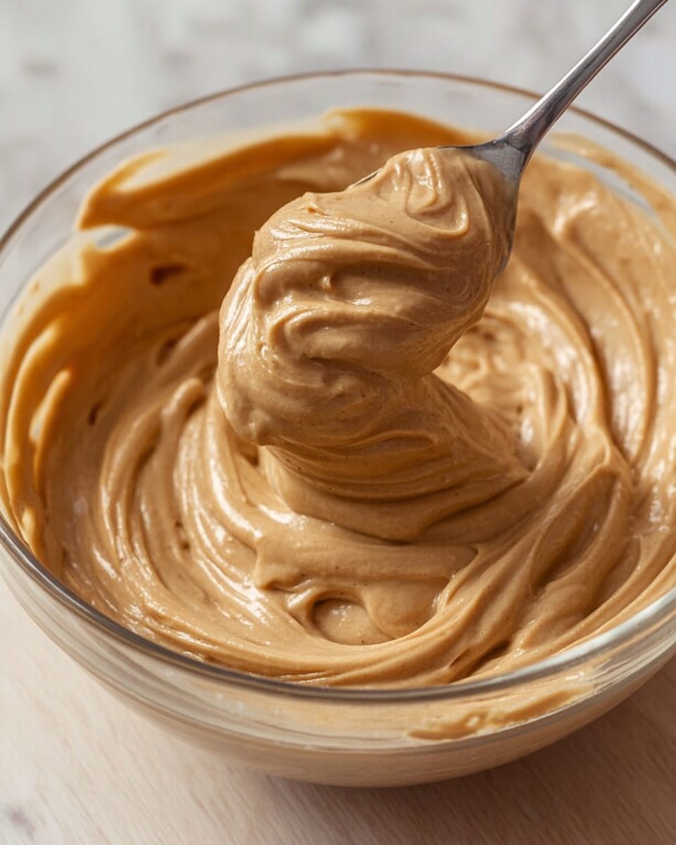 A clear glass bowl filled with a thick, smooth, light brown mixture with a creamy texture is shown. A metal spoon is lifting a generous swirl of the mixture, creating soft peaks and visible ridges. The background surface is simple light wood, but for the prompt imagine it on a white marbled texture. The mixture is homogenous in color, with no visible chunks or layers. photo taken with an iphone --ar 4:5 --v 7