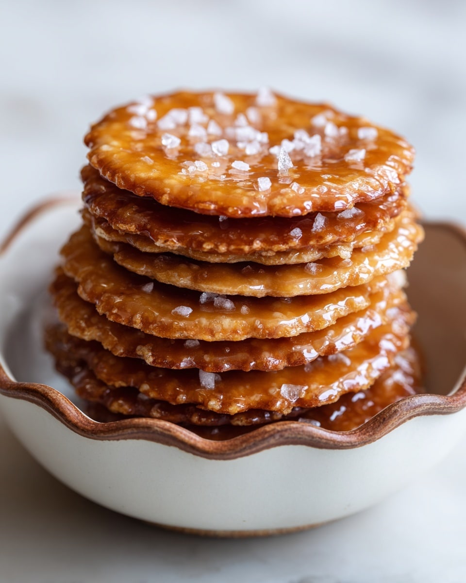 A white bowl with a wooden base is filled with small, round, golden-brown snacks that look crunchy with tiny white puffed rice grains embedded in the caramel-colored coating. The snacks are piled high, almost overflowing, showing a shiny, slightly sticky texture. In the blurred background, there is another bowl with similar snacks on a white marbled surface, and a white cloth with thin dark lines is beneath the bowl. The focus is close-up on the bowl and snacks. photo taken with an iphone --ar 4:5 --v 7