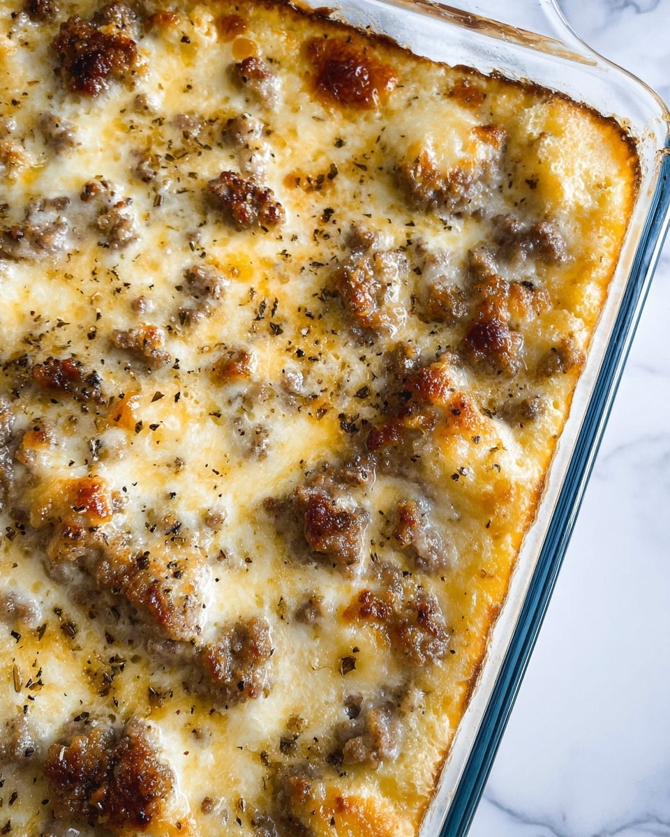 A close-up of a baked casserole in a clear glass baking dish sits on a white marbled surface. The dish shows a rich, creamy golden layer of melted cheese and creamy sauce with browned bits of crumbled sausage scattered evenly on top. Some spots have a deeper golden brown crust, giving a toasted look, while the creamy sauce has pepper sprinkled across, adding texture and color contrast. The casserole’s texture is thick and cheesy with small chunks visible under the sauce. photo taken with an iphone --ar 4:5 --v 7
