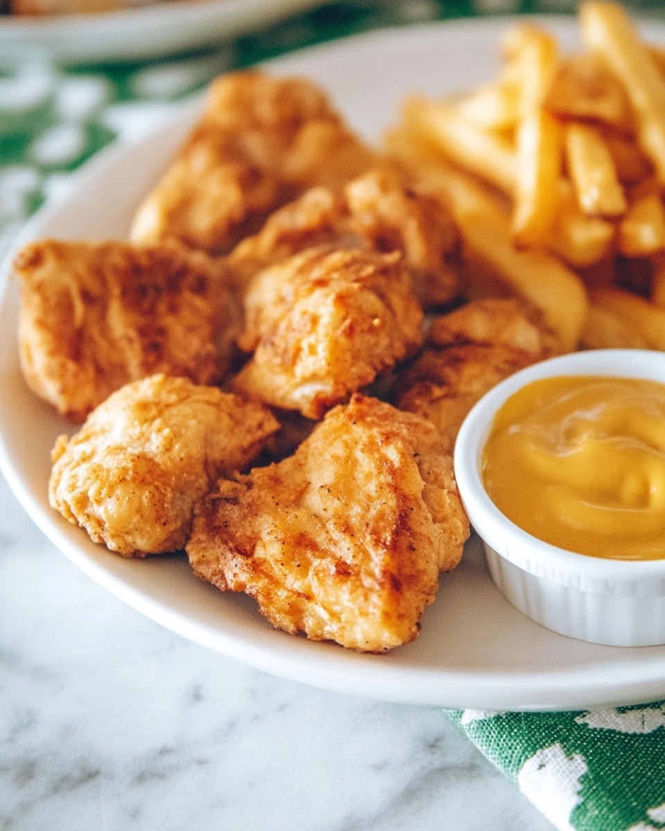 The image shows a white plate filled with several pieces of cooked chicken that have a golden-brown, slightly glazed surface with some charred spots, arranged closely together in the foreground. Behind the chicken pieces, there is a small white ramekin filled with a pale orange, smooth dipping sauce. To the left side of the plate, a stack of thick-cut golden fries is visible, with a crispy texture and ridges. The plate is set on a green cloth with white floral patterns, all placed on a white marbled surface. Photo taken with an iphone --ar 4:5 --v 7