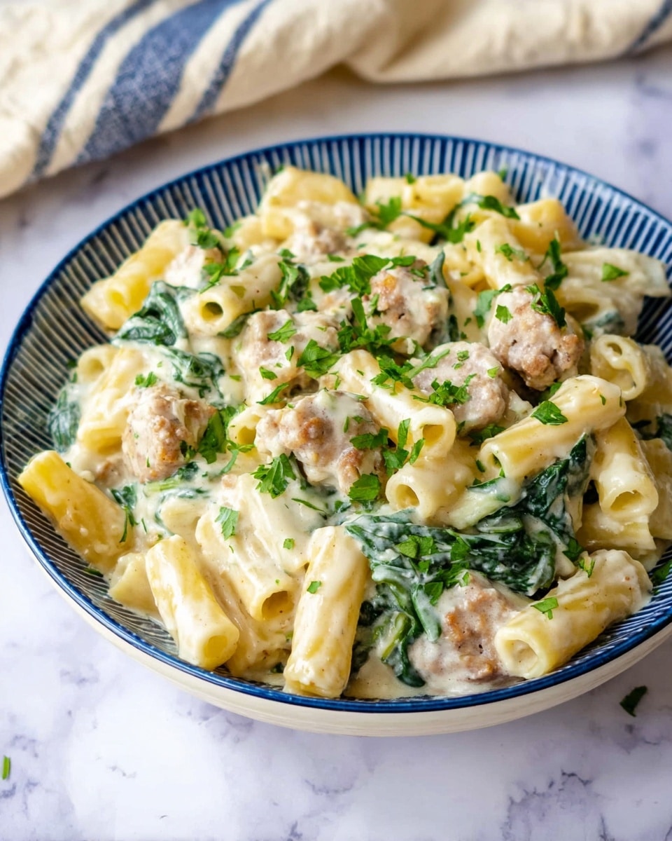 The image shows a white bowl with blue stripes around the edge, filled with creamy pasta. The pasta is short and tube-shaped, covered in a thick white sauce mixed with small pieces of cooked sausage and wilted green spinach leaves. The dish is sprinkled lightly with chopped fresh green herbs on top. The bowl is placed on a white marbled surface with a beige cloth and blue-striped fabric in the background. photo taken with an iphone --ar 4:5 --v 7