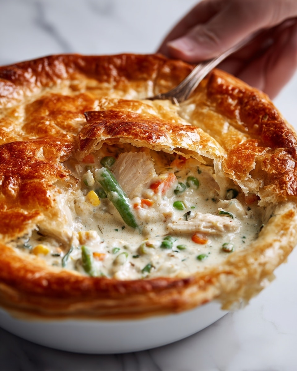 A close-up view of a dish with a golden brown, puffy top layer of baked pastry that looks crispy and flaky. Underneath this thick pastry crust, there is a creamy white sauce layer rich with small pieces of chicken, green beans, corn, and bits of carrot mixed in. The filling is smooth and thick, peeking through a large torn opening on the top crust. The dish is served in a white bowl on a white marbled surface, and a woman's hand is holding the bowl from the side. Photo taken with an iphone --ar 4:5 --v 7