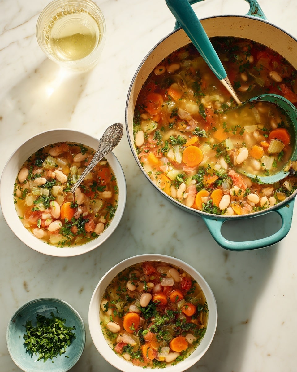 A large white pot with teal handles is filled with a chunky vegetable and bean soup, showing layers of orange carrot pieces, light yellow beans, green herbs, and bits of onion in a light broth. A teal ladle rests inside the pot, slightly submerged in the soup. Next to it, two white bowls are filled with the same soup, each with a silver spoon inside, and small bits of fresh green herbs sprinkled on top. The scene is set on a white marbled surface with a glass of light yellow drink casting soft shadows nearby. photo taken with an iphone --ar 4:5 --v 7