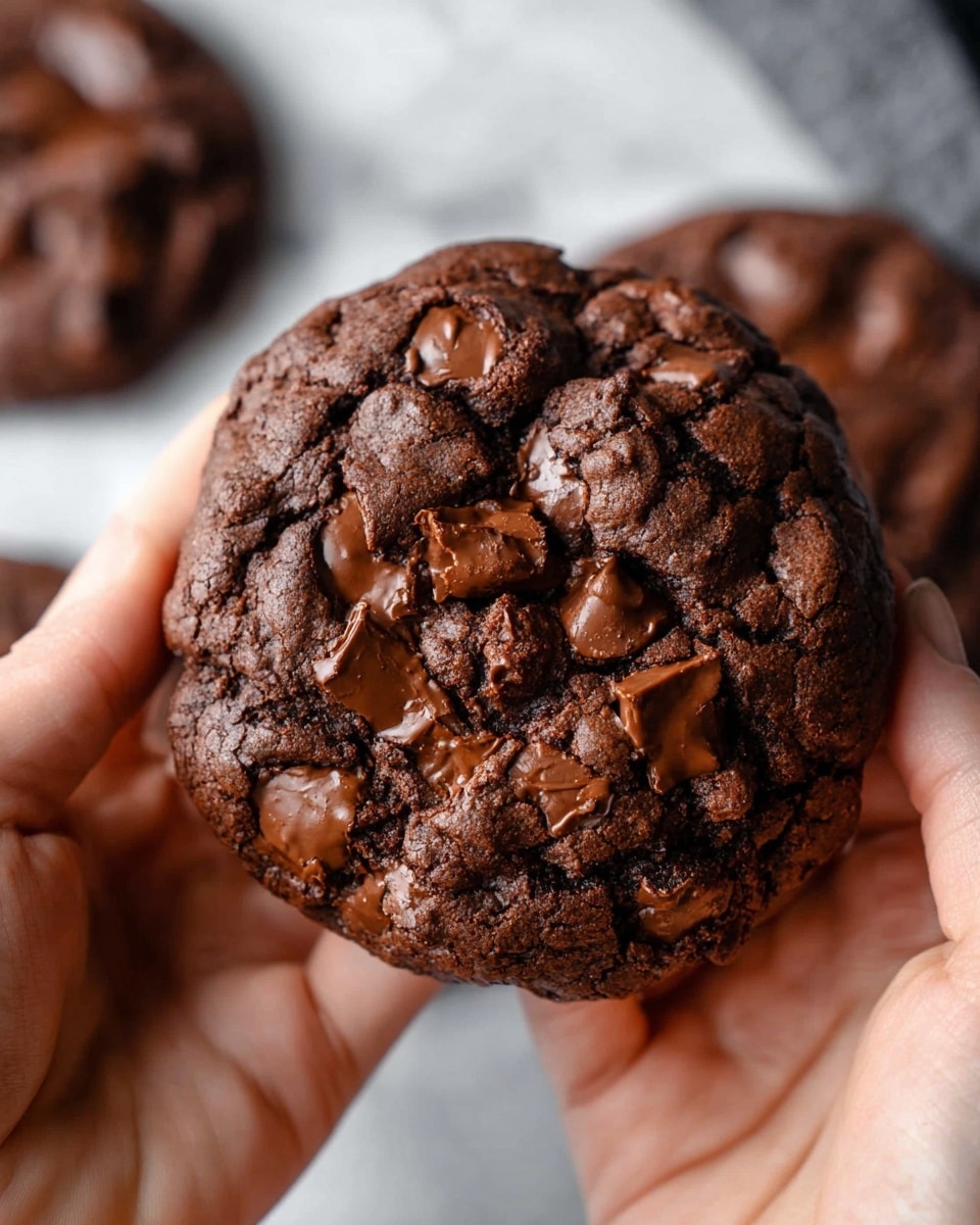 A large, thick dark brown chocolate cookie packed with melted chocolate chunks and chips is held gently between two woman's hands, showing the rich, gooey texture of the melted chocolate in the cracks on the surface. The cookie has a rough, cracked texture with glossy chocolate pieces scattered unevenly on top. In the background, more cookies are blurred on a white marbled surface. photo taken with an iphone --ar 4:5 --v 7