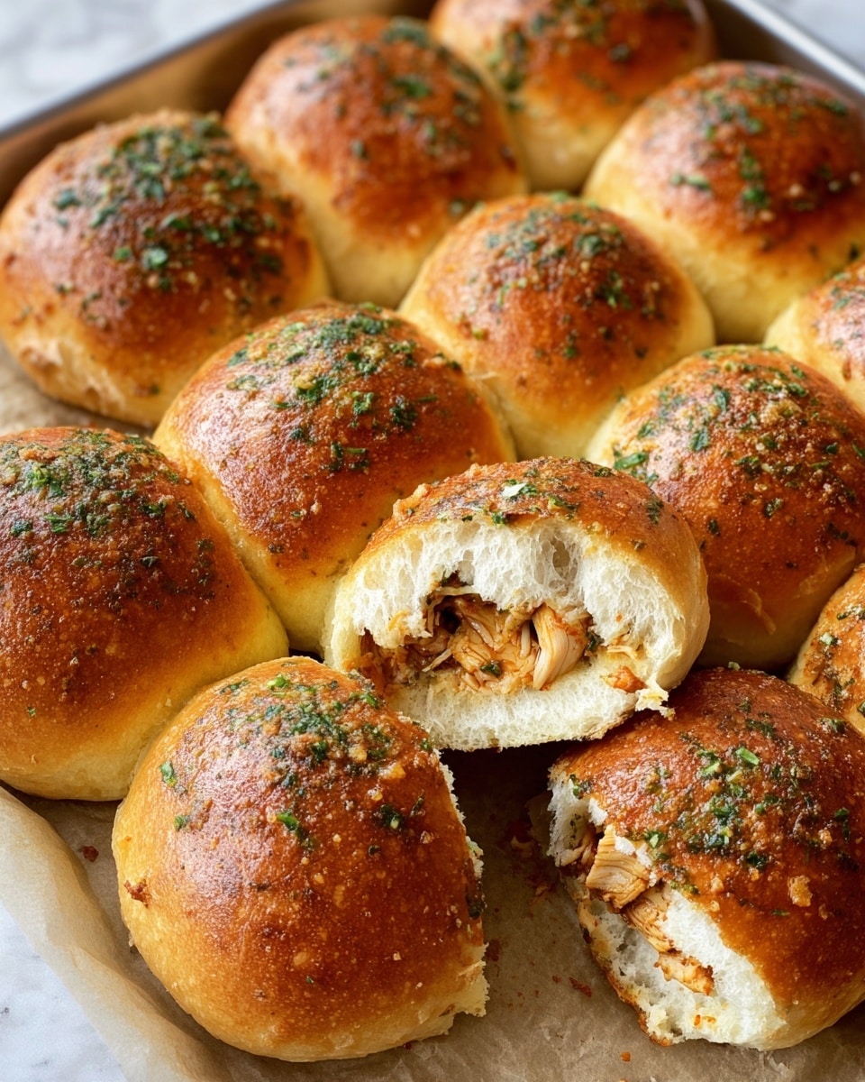 The image shows a close-up view of golden brown baked buns with a shiny, slightly oily surface sprinkled with green herbs, possibly parsley or garlic seasoning. There are about ten buns tightly packed on parchment paper over a tray. One bun is pulled apart at the bottom center, revealing a filling of cooked, browned chicken pieces inside the soft, fluffy white inner bread. The buns are round with a smooth top and slightly textured sides. The whole scene is set on a white marbled texture. photo taken with an iphone --ar 4:5 --v 7