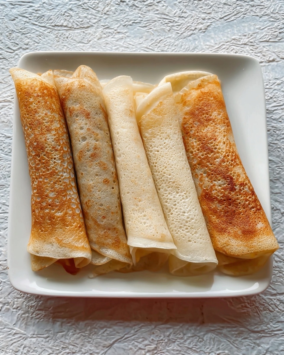 A white rectangular plate holds four rolled crepes placed side by side. The crepes alternate in color, with the first and third showing a light golden brown shade with a slightly bubbly texture, while the second and fourth are pale off-white with a smooth, soft surface. Each crepe appears thin and delicate, with a hint of filling peeking out from the open ends. The plate sits on a white marbled texture that looks clean and bright. photo taken with an iphone --ar 4:5 --v 7