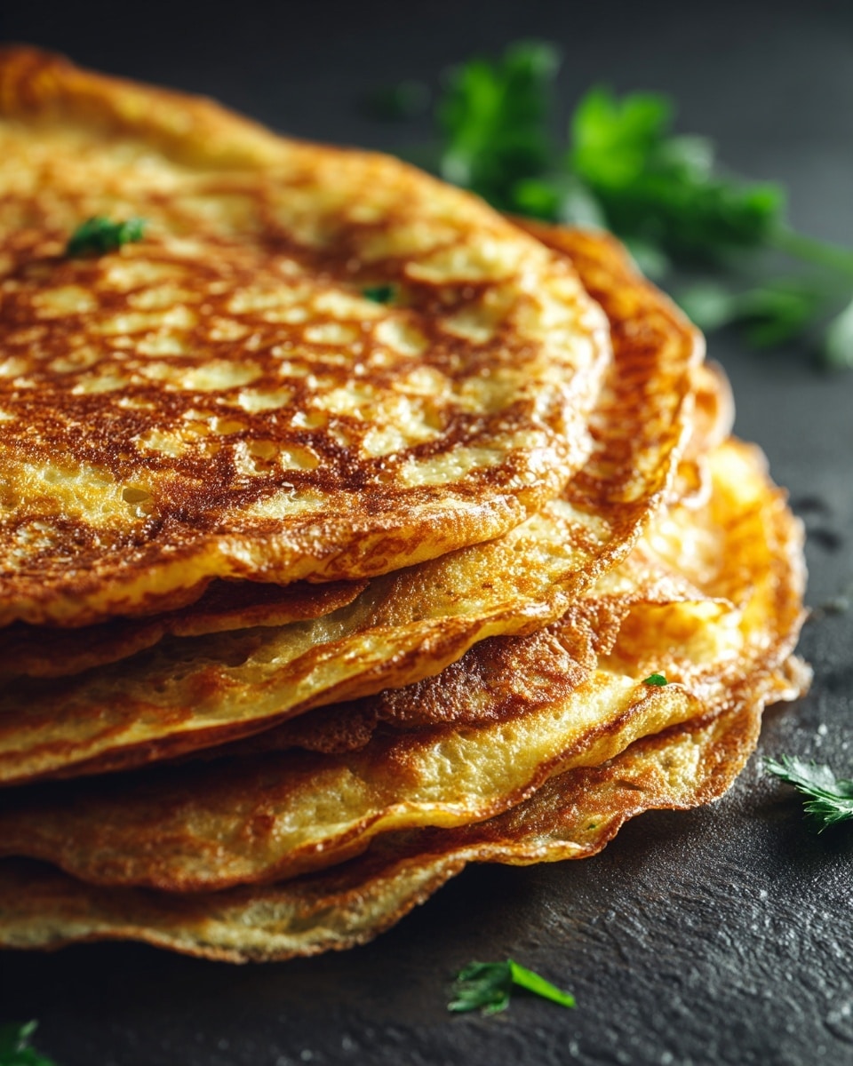 The image shows a stack of three thick, golden-brown pancakes placed slightly overlapping on a white plate with a decorative edge. The top pancake has a crispy, textured surface with lighter and darker golden patches, creating a lacy pattern. The pancakes beneath are slightly visible, showing a soft, fluffy texture with a light golden underside. The plate rests on a white marbled texture surface, and blurred purple flowers appear in the background. photo taken with an iphone --ar 4:5 --v 7