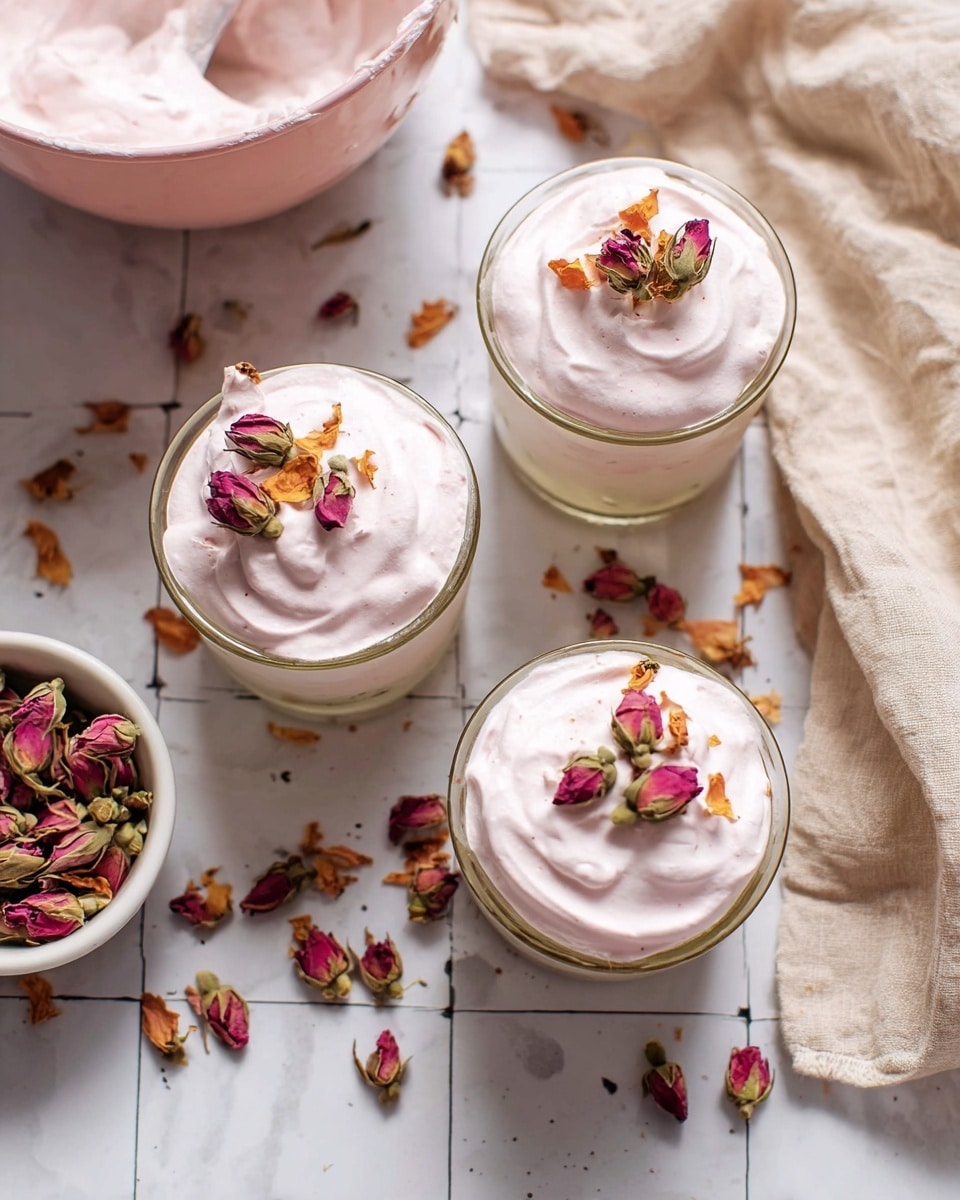 Three glass cups filled with a smooth light pink whipped cream-like dessert fill the center of the image. Each cup is topped with a few small dried rosebuds and bright orange-pink rose petals that add color contrast. The cups are placed on a white marbled tiled surface. Scattered around the cups are more dried rosebuds and petals, creating a delicate and pretty decoration. To the left, there is a large pink mixing bowl with some of the creamy mixture inside and a small white bowl filled with more dried rosebuds. A soft beige cloth is casually placed at the top right corner. The scene looks bright and inviting, with soft natural light. Photo taken with an iphone --ar 4:5 --v 7