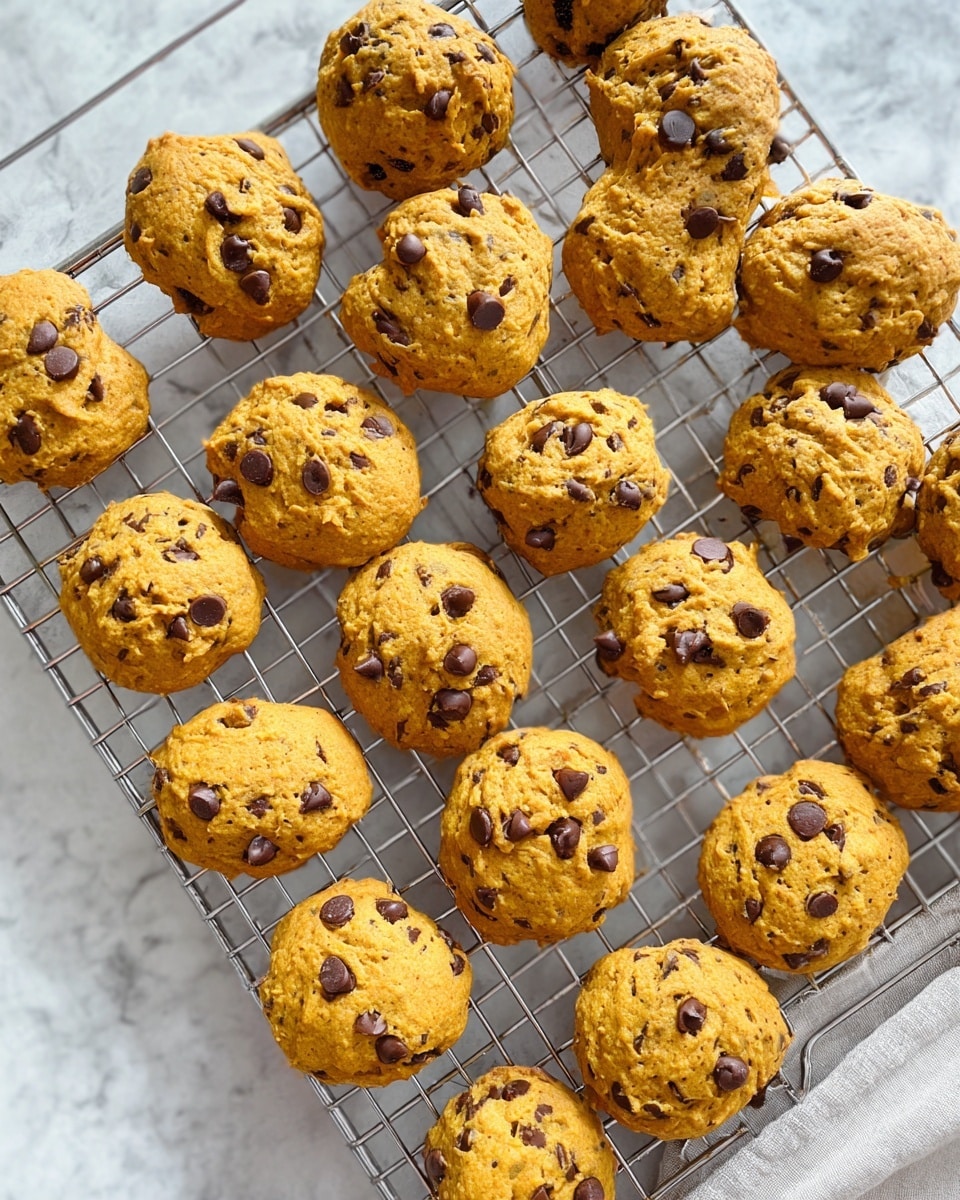 A cooling rack holds about 24 freshly baked round pumpkin chocolate chip cookies arranged evenly, each one golden-brown with a slightly rough texture. The cookies are studded generously with small dark chocolate chips scattered on top and throughout. The cooling rack is silver and placed on a white marbled surface that shows faint light gray veining. The cookies have a soft, slightly uneven shape indicating a chewy interior. Photo taken with an iphone --ar 4:5 --v 7