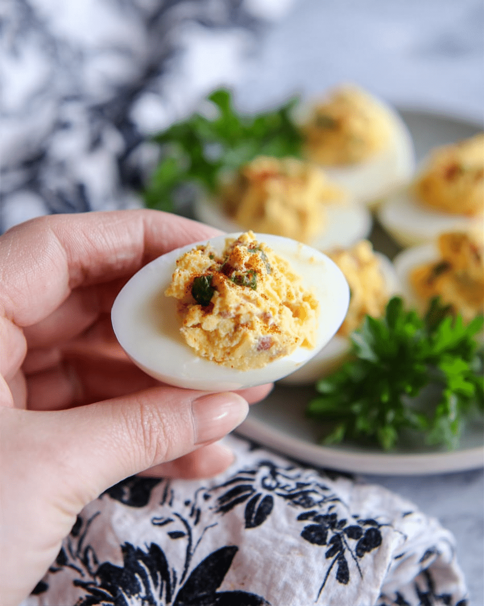 A close-up of a woman's hand holding a half of a white hard-boiled egg filled with a creamy, yellowish mixture that has small brown and green bits, showing a textured and slightly chunky filling. In the background, on a white plate, there are multiple similar egg halves arranged around some fresh green parsley, placed on a white marbled surface with a cloth featuring black floral patterns. photo taken with an iphone --ar 4:5 --v 7