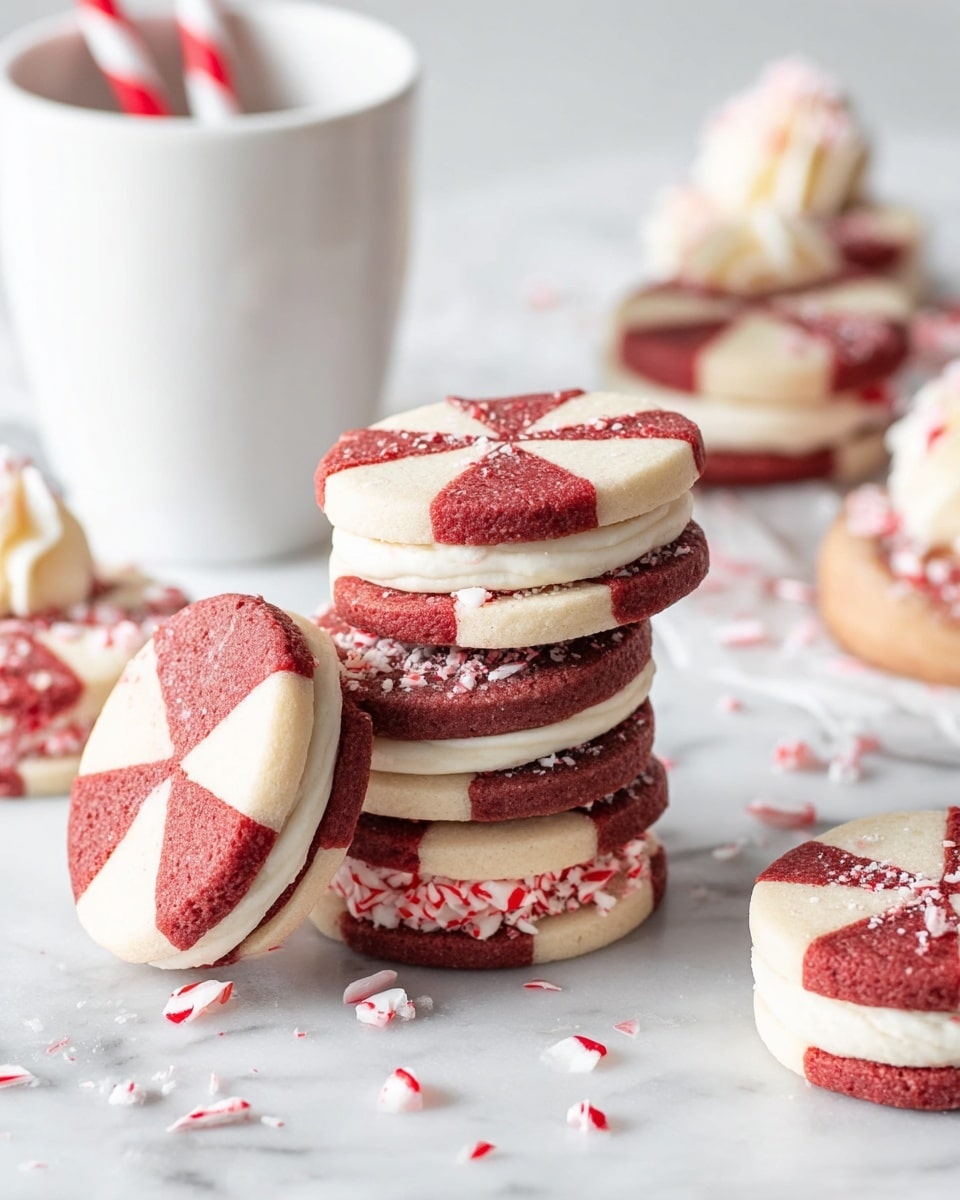 The image shows a stack of five sandwich cookies with two layers of pattern: the top and bottom cookie layers have alternating red and white triangular sections in a pinwheel design. Between each cookie pair is a thick layer of white cream filling, with crushed red and white peppermint pieces pressed into the filling edges. One cookie sandwich leans against the stacked cookies in front, showing the same detail. In the background, a white cup with a red-striped straw and more cookies with cream dollops can be seen, all set on a white marbled surface with scattered peppermint pieces around the cookies. photo taken with an iphone --ar 4:5 --v 7