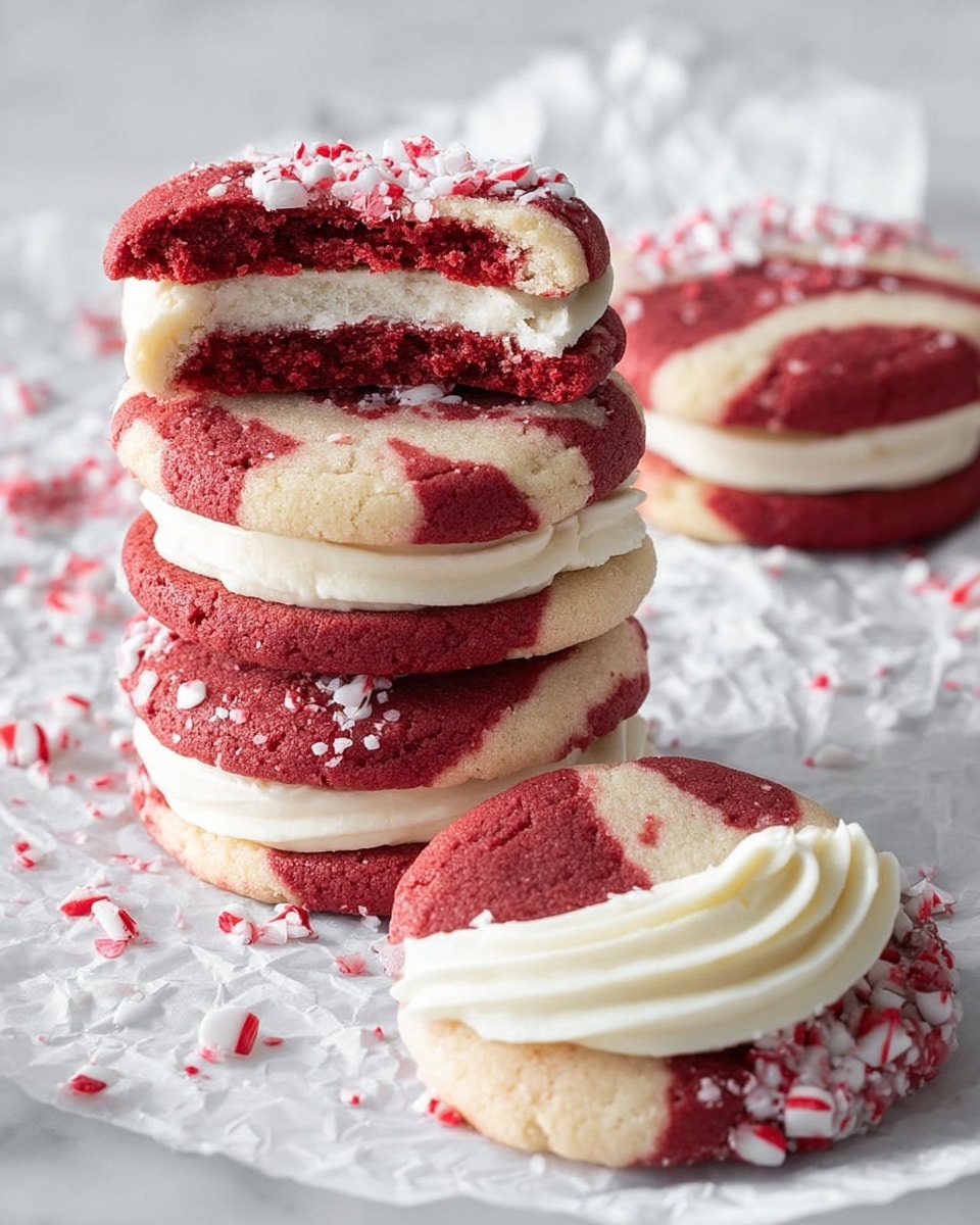 A stack of five round marbled cookies with red and white swirls is shown, each cookie sandwiching a white cream filling decorated with crushed red and white peppermint pieces along the edges. The top cookie is broken in half, revealing two layers of soft cookie with the cream in the middle. One cookie lies flat with a swirl of white cream on top at the front of the image. The cookies and cream rest on crumpled white paper, set against a white marbled surface. Scattered crushed peppermint pieces are around the cookies. Photo taken with an iphone --ar 4:5 --v 7