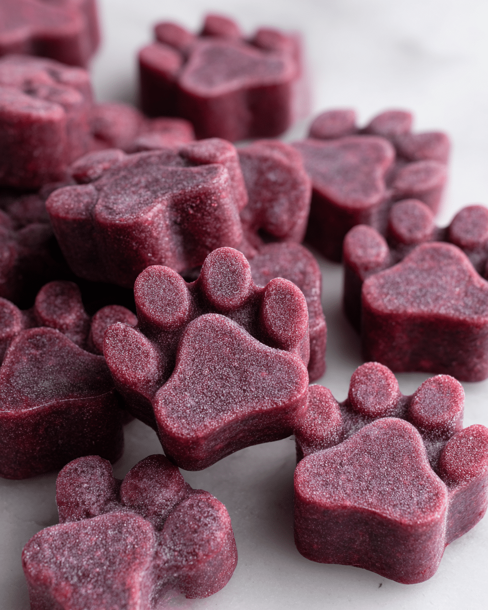 The image shows many small, paw-shaped treats stacked close together, all in a deep reddish-purple color with a frosty surface that gives a cold look. Each treat has a smooth texture with rounded edges and distinguishable paw pad details that are slightly lighter, creating a subtle contrast. The treats are arranged on a white marbled surface that gives a clean and bright background, highlighting the rich color of the paw-shaped treats. photo taken with an iphone --ar 4:5 --v 7