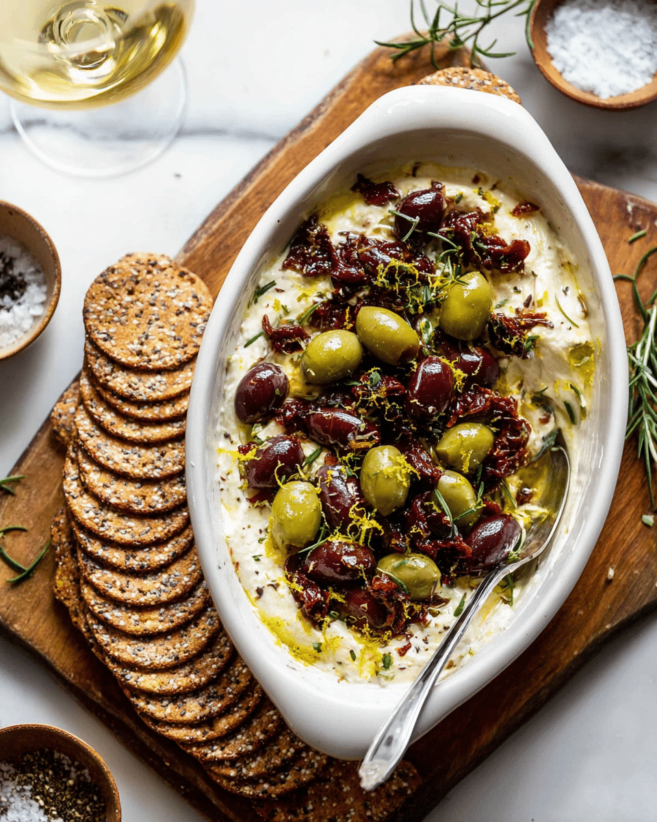 The image shows an oval white dish filled with a creamy white base layer, likely cheese or dip, topped with a mix of green and dark purple olives that add a shiny, round texture. On top of the olives is a mixture of small sun-dried tomatoes or similar dark red ingredients, along with fresh green rosemary sprigs scattered throughout. The dish is lightly sprinkled with grated yellow lemon zest and some green herbs. A silver spoon rests on the right side inside the dish. Surrounding the dish is a curved row of thinly sliced brown multigrain crackers with visible seeds. The setting is on a wooden board placed on a white marbled surface with small bowls of coarse salt and cracked black pepper in the background, along with a glass of pale yellow liquid. photo taken with an iphone --ar 4:5 --v 7