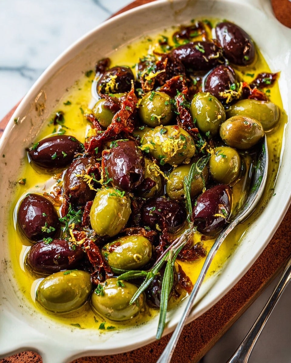 The image shows a white oval dish filled with a mix of green and dark purple olives, some whole and some cut in halves, all coated in a shiny, olive oil-based sauce. The olives are mixed with small pieces of brown sun-dried tomatoes and garnished with fine yellow lemon zest and small sprigs of green rosemary, giving texture and color contrast. The olive oil pools around the edges of the dip, soaking into the sides of the dish, with a silver spoon partially submerged on the right side. The dish rests on a wooden textured mat against a white marbled background. Photo taken with an iphone --ar 4:5 --v 7