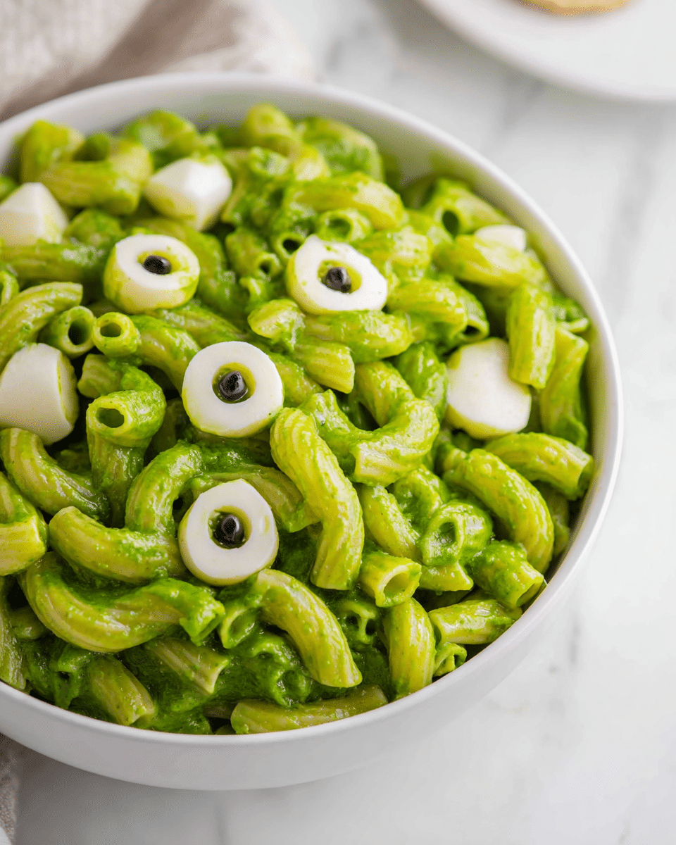 A close-up view of a white bowl filled with green macaroni pasta coated in a thick, vibrant green sauce. There are small white cheese rounds placed on top, each with a black olive slice in the center, looking like eyes. The bowl is on a white marbled surface, and the background is mostly out of focus, showing a bit of a light cloth and a corner of a white dish. The colors are fresh and bright, with the creamy green of the sauce standing out against the white bowl. photo taken with an iphone --ar 4:5 --v 7