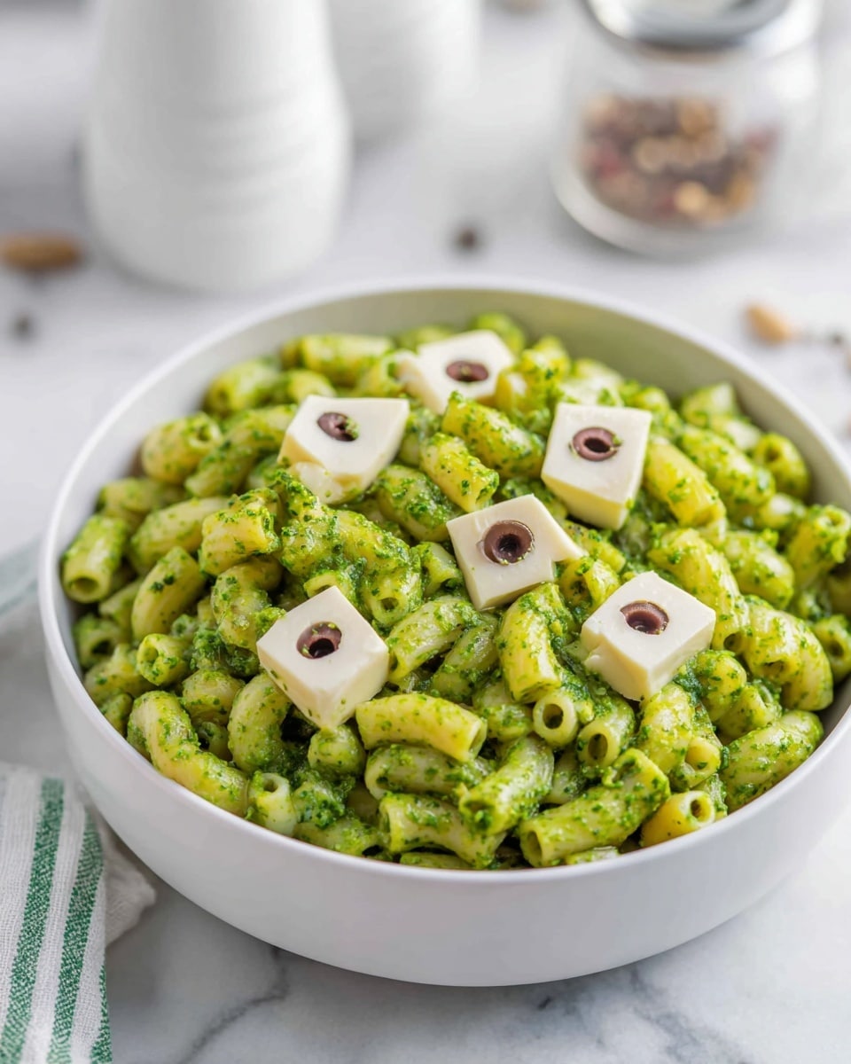 A close-up view of a white bowl filled with short pasta coated in a bright green pesto sauce, giving the pasta a glossy and slightly chunky texture. On top of the pasta are small, smooth, pale cheese cubes arranged evenly around the bowl, each cube having a single black olive slice placed in its center. The bowl sits on a white marbled surface, with blurred white and gray objects in the background, including a white container with pepper flakes and a green-striped white cloth. The lighting is soft and natural, highlighting the vibrant green of the pesto and the creamy texture of the cheese cubes. photo taken with an iphone --ar 4:5 --v 7