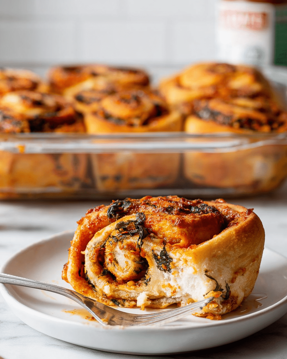 A close-up of a savory roll placed on a white plate with a fork beside it, showing two layers inside: the soft, golden brown dough on the outside with a slightly crispy texture, and an inner filling made of red sauce and green leafy herbs spiraled tightly within. In the background, a clear glass baking dish holds multiple baked rolls, all golden with some darker browned spots, resting on a white marbled surface. The scene is well-lit, highlighting the textures and colors of the roll, photo taken with an iphone --ar 4:5 --v 7
