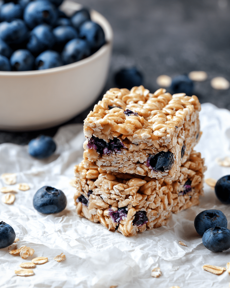 The image shows a close-up of two thick, square-shaped granola bars stacked on top of each other, placed on crinkled white paper over a white marbled surface. The granola bars have a dense texture made of oat flakes binding together with sticky syrup and scattered whole blueberries embedded throughout. Around the bars, a few fresh blueberries and loose oat flakes are spread casually, adding to the natural look. In the blurred background, a white bowl filled with more fresh blueberries is visible. The colors are mostly soft beige from the oats and light brown from the syrup, dotted with deep blue and purple blueberries, giving a fresh and wholesome feel. Photo taken with an iphone --ar 4:5 --v 7