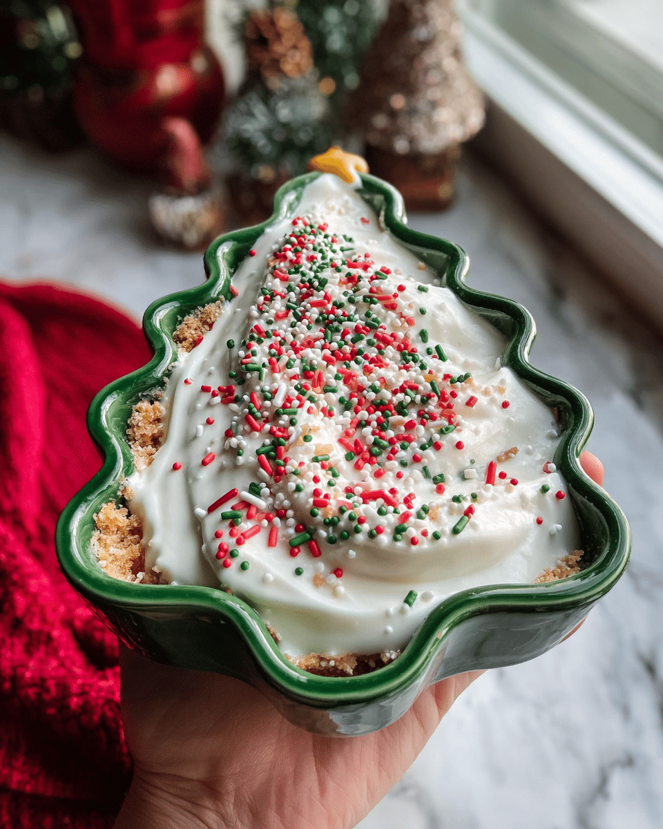 A Christmas tree-shaped green bowl holds a dessert with three visible layers: the base is a light brown, crumbly texture, covered by a thick white creamy layer spread evenly on top. This creamy layer is decorated with red, green, and white sprinkles scattered all over. The bowl is being held by a woman's hand against a white marbled surface by a window with natural light coming in, and a soft red cloth and decorative elements are visible in the background. photo taken with an iphone --ar 4:5 --v 7