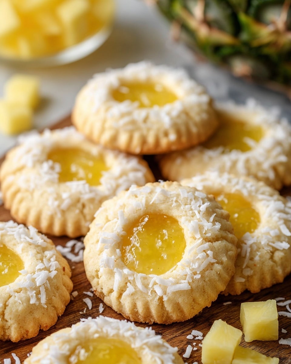 The image shows several round cookies with a light golden color and a soft, crumbly texture, each having an indented center filled with a shiny, smooth yellow filling that looks like pineapple jam. The edges of the cookies are decorated with small, white shredded coconut pieces that add texture. Around the cookies, there are small cubes of fresh pineapple scattered on a wooden surface. Part of a pineapple with its green skin is visible in the background. The overall look is bright and fresh, with the cookies arranged closely together. The photo is taken on a white marbled texture. Photo taken with an iphone --ar 4:5 --v 7