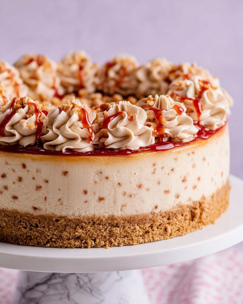 A close-up of a round cheesecake with two layers: the bottom layer is a thick, crumbly golden brown crust, and the top layer is a creamy, light beige cheesecake with small specks. On top, there is a ring of light brown whipped cream piped in large, soft swirls around the edge, drizzled with a thin red sauce and sprinkled with small pieces of nuts. The cake sits on a white cake stand, and the background is a soft purple with a white marbled texture under the stand. photo taken with an iphone --ar 4:5 --v 7