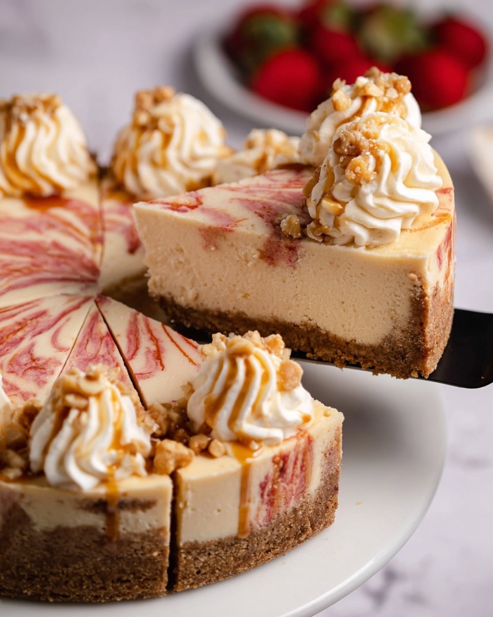 A cheesecake with three visible layers is shown on a white plate over a white marbled surface. The bottom layer is a dense, crumbly brown crust. The middle layer is thick, smooth, and creamy beige with a slight pink swirl pattern on top. The top layer is decorated with swirled light beige whipped cream dollops with a soft texture, drizzled with reddish syrup and sprinkled with small crumbled nuts. A slice of the cake is being lifted by a black spatula, showing the smooth texture of the cheesecake layers. In the background, blurred red strawberries add bright color. photo taken with an iphone --ar 4:5 --v 7