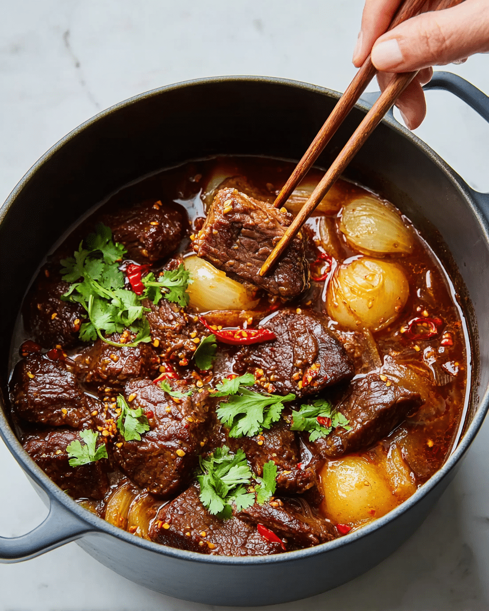 A black pot holds a rich stew with several large, dark brown beef chunks covered in a glossy, thick reddish-brown sauce sprinkled with red chili flakes. Around the beef are whole and quartered cooked onions, pale yellow with soft textures, some slightly browned at the edges. A few green cilantro leaves add a fresh touch on top of the beef pieces. A woman's hand with brown wooden chopsticks is lifting one beef chunk above the pot. The pot sits on a white marbled surface. photo taken with an iphone --ar 4:5 --v 7