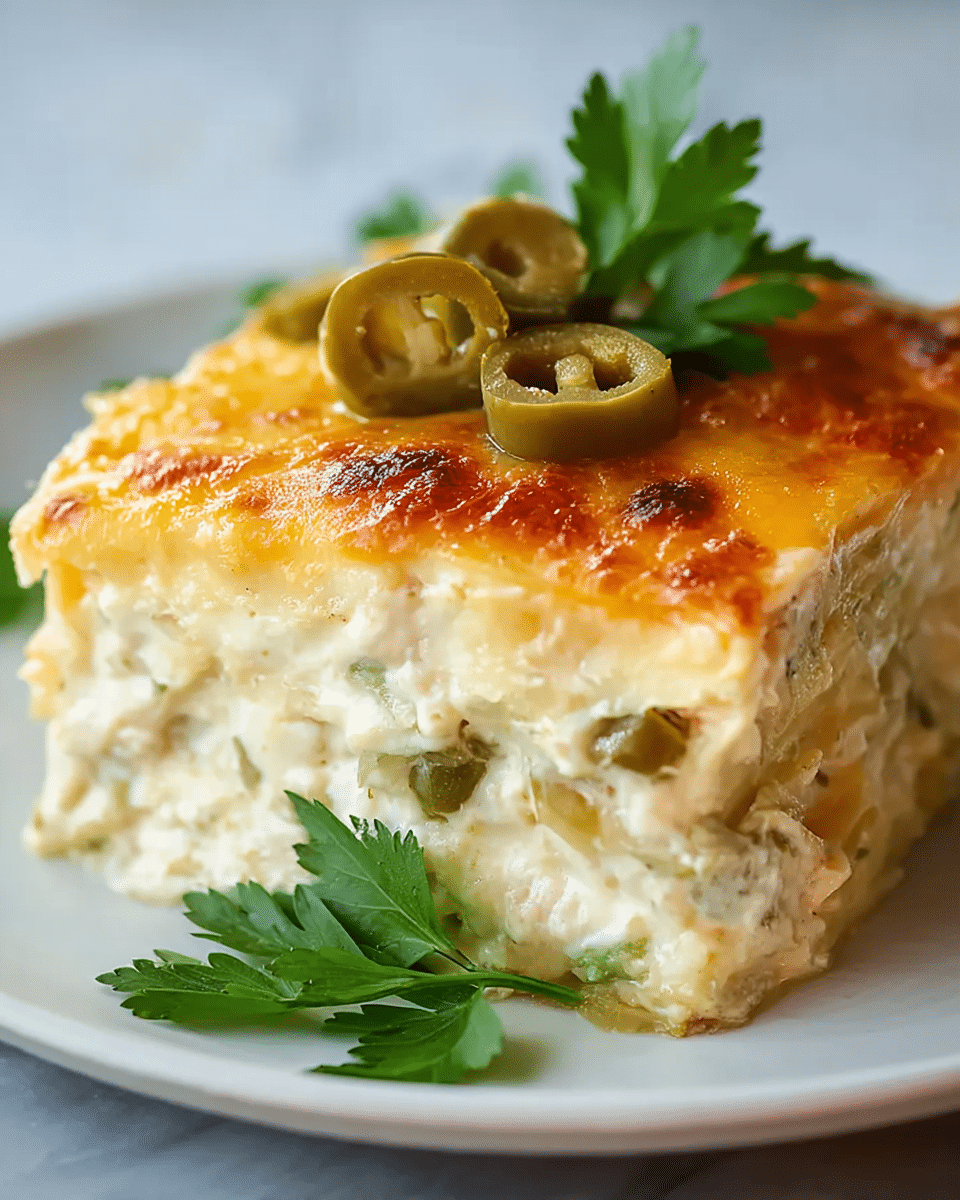 A close-up view of a layered cheesy casserole served on a white plate set on a white marbled surface, showing about five thick layers. The bottom layer appears creamy and soft, light beige with pieces of green jalapeño peppers embedded within. Above this is a dense, creamy layer mixed with shredded chicken, topped with a rich, smooth white sauce. The next layer is another creamy base filled with more jalapeño pieces, followed by a thick melted cheese layer in bright yellow and golden tones, with some browning spots on top. Fresh green cilantro leaves are placed on top for garnish. Photo taken with an iphone --ar 4:5 --v 7