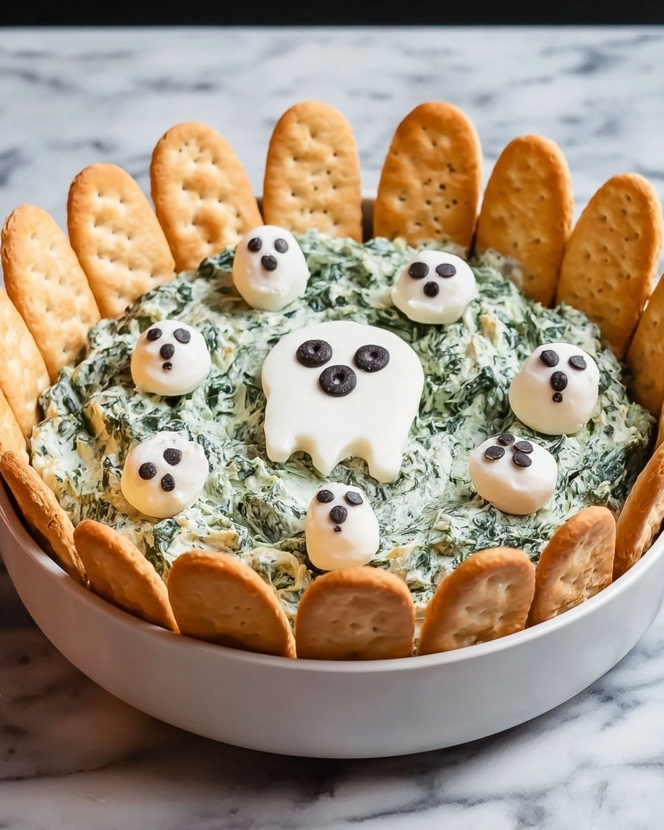 A white bowl filled with a creamy green spinach dip as the base layer, topped with several small white dollops of cream cheese shaped like little ghosts with black olive pieces for eyes and mouth detail. One larger ghost shape is in the center, also decorated with black olive pieces. Around the edge of the bowl, oval-shaped light brown crackers are placed standing upright in the dip, evenly spaced. The bowl is placed on a white marbled surface. Photo taken with an iphone --ar 4:5 --v 7