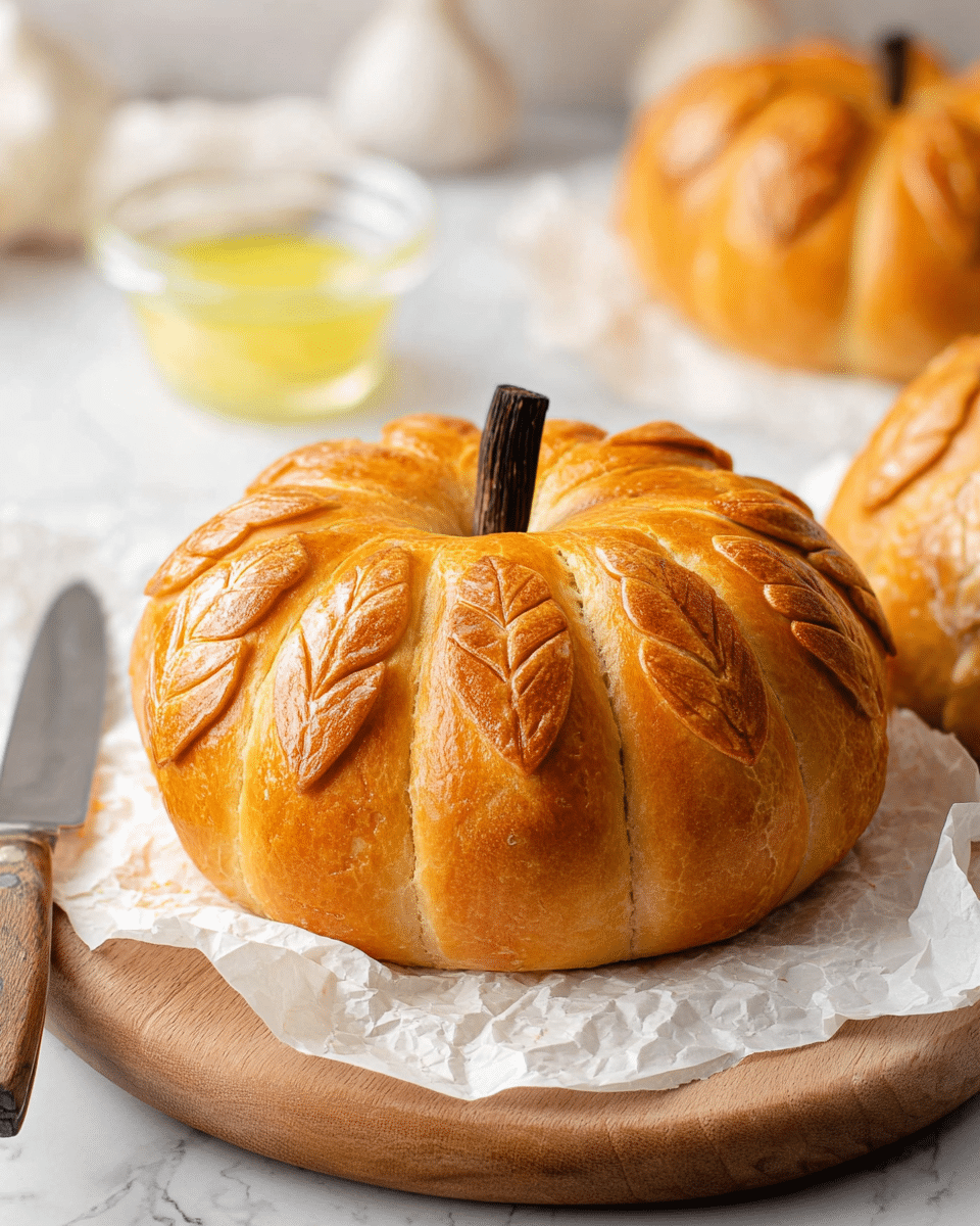 The image shows a golden-brown bread shaped like a pumpkin, with eight rounded sections and leaf-shaped patterns carved on each section. A small dark stick is placed in the center to look like a pumpkin stem. The bread sits on white crumpled parchment paper, placed on a round wooden board. In the blurred background, there is another similar bread and a clear bowl with yellow butter. The setting is on a white marbled surface. photo taken with an iphone --ar 4:5 --v 7