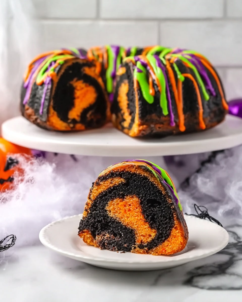 The image shows a black and orange swirled bundt cake cut into pieces, with the cake placed on a white cake stand and a white plate in front holding one slice. The bundt cake has two main layers inside: a deep black layer and a bright orange layer mixed in swirling patterns. The entire cake is covered with a thick layer of black icing, topped with bright green, orange, and purple icing drizzled in thin, wavy lines over the top and sides. The scene is set on a white marbled surface with some soft, white fluffy decoration around the cake stand. A woman's hand is holding one slice of cake on the white plate. Photo taken with an iphone --ar 4:5 --v 7