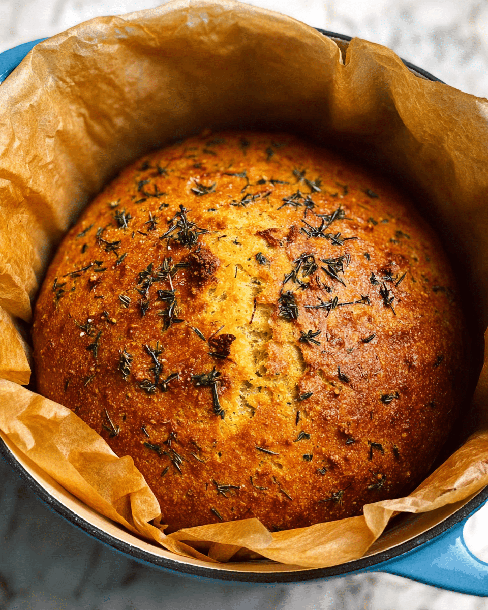 A round, golden-brown loaf of bread sits in a blue round pot lined with light brown parchment paper. The bread has a somewhat rough, textured crust with small dark green herb pieces sprinkled on top. Its surface shows some cracks and uneven areas, adding to the rustic look. The scene is set on a white marbled surface that contrasts with the pot and bread. photo taken with an iphone --ar 4:5 --v 7